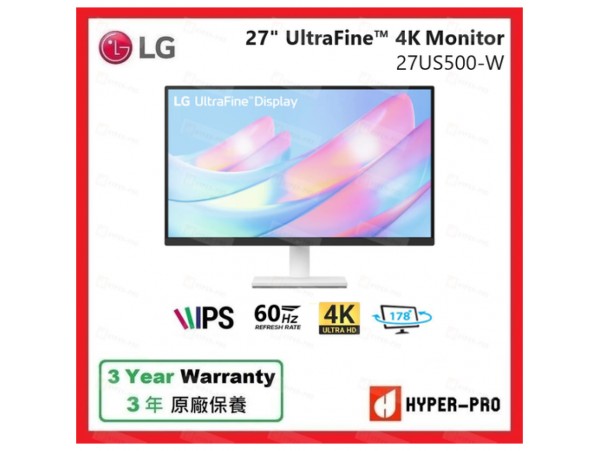 Monitor LG 68,6 cm (27,0") 27US500-W 3840x2160 IPS 5ms 2xHDMI DisplayPort  3H DCI-P3-90% FreeSync HDR10
