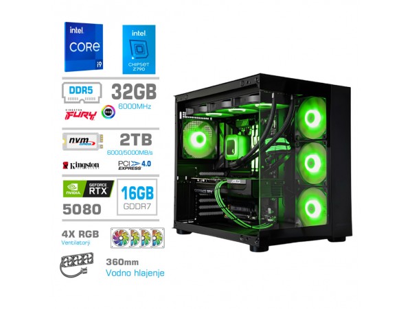 Računalnik MEGA MT S5 i9-14900KF/RTX5080/32GB-DDR5/2TB/1050W/Brez OS/črna RGB + Estetski napajalni kabli [Zelena / Črna]