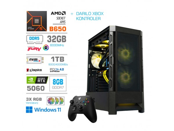 Računalnik MEGA MT S8 R5-7600/RTX5060/32GB-DDR5/1TB-4.0/750W/Win11Home/črna RGB + Estetski napajalni kabli [Rumena / Črna] * DARILO *