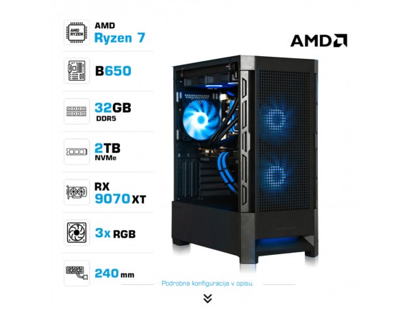 Računalnik MEGA MT S8 R7-7700X/RX9070 XT/32GB-DDR5/2TB-4.0/750W/Brez OS/črna RGB + Estetski napajalni kabli [Modra / Črna]