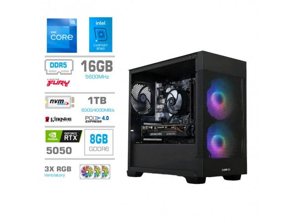 Računalnik MEGA MT S7X i5-12400F/RTX5050/16GB/1TB-4.0/750W/Brez OS/črna RGB