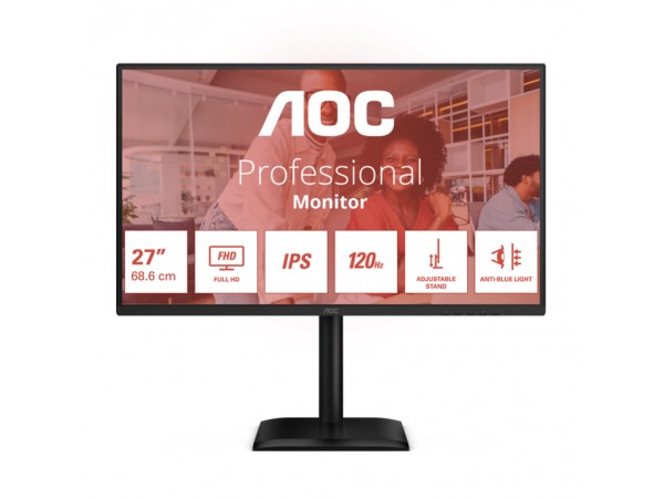 Monitor AOC 68,6 cm (27") 27E4U 1920x1080 POS 120Hz IPS 4ms VGA HDMI DisplayPort 4xUSB3.2 Pivot Zvočniki  3H sRGB112,9% AdaptiveSync HDR E4