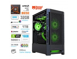 Računalnik MEGA MT S8 R7-7700X/RTX5060Ti-16GB/32GB-DDR5/1TB/750W/Brez OS/črna RGB + Estetski napajalni kabli [Zelena / Črna]