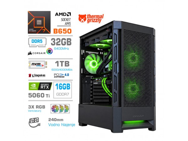 Računalnik MEGA MT S8 R7-7700X/RTX5060Ti-16GB/32GB-DDR5/1TB/750W/Brez OS/črna RGB + Estetski napajalni kabli [Zelena / Črna]