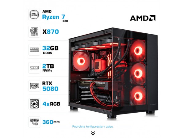 Računalnik MEGA MT S5 R7-7800X3D/RTX5080/32GB-DDR5/2TB/1050W/Brez OS/črna RGB + Estetski napajalni kabli [Rdeča / Črna]