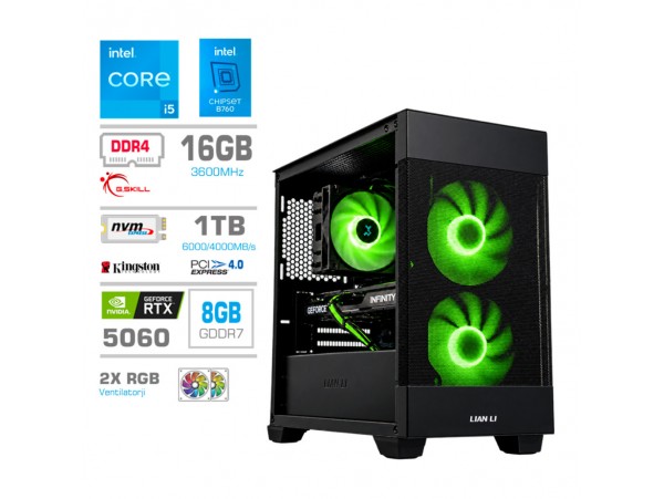 Računalnik MEGA MT S7X i5-12400F/RTX5060/16GB/1TB/750W/Brez OS/črna RGB + Estetski napajalni kabli [Zelena / Črna]