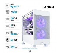 Računalnik MEGA MT S7X R7-5700X/RX9060 XT/16GB/1TB/750W/Brez OS/bela vijolična bel RGB + Estetski napajalni kabli [Vijolična / Bela]