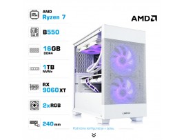 Računalnik MEGA MT S7X R7-5700X/RX9060 XT/16GB/1TB/750W/Brez OS/bela vijolična bel RGB + Estetski napajalni kabli [Vijolična / Bela]