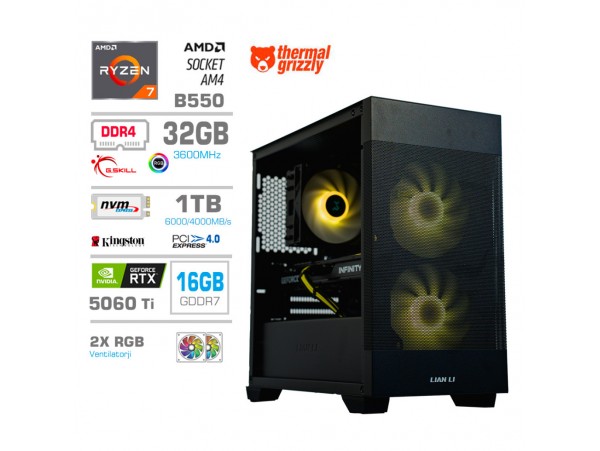 Računalnik MEGA MT S7X R7-5700X/RTX5060Ti-16GB/32GB/1TB-4.0/750W/Brez OS/črna RGB + Estetski napajalni kabli [Svetlo modra / Črna]