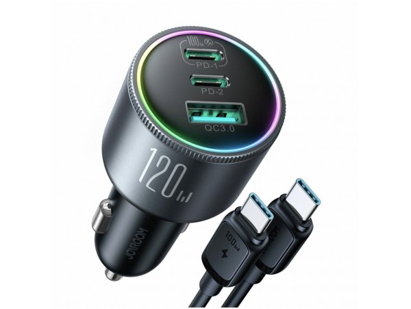 Avto polnilec 12V 24V => 2x USB-C USB-A 120W PD QC črn Joyroom (JR-CCN07 120W)