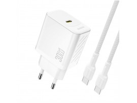 Hišni polnilec 100-240V => 1x USB-C 30W GaN PD s priloženim kablom USB-C bel Dudao (A27PCEU-White)
