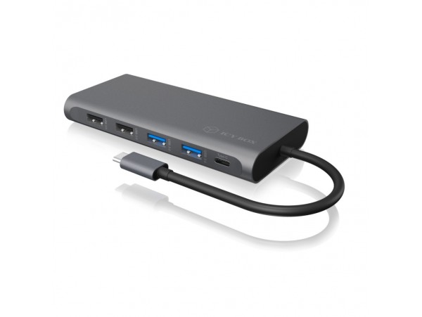Priklopna postaja USB-C => Icy Box 2xHDMI DisplayPort 2xUSB2.0 USB-C 100W RJ45 čitalec kartic SD/microSD (IB-DK4050-CPD)
