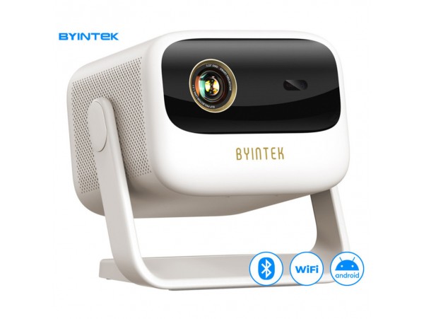 Projektor Byintek UFO U90 MAX prenosni 4LED DLP Android Dual WiFi BT 2GB/32GB polnilna baterija 700 ANSI lumnov stereo zvočniki max 4K UHD USB/HDMI/AUX +daljinec bel