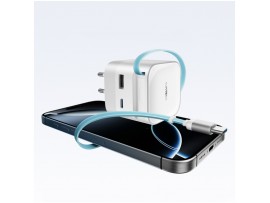 Hišni polnilec 100-240V => 1x USB-C 1x USB-A AD653W 67W GaN z izvlečnim 70cm USB-C kablom Cektech bel (AD653W)