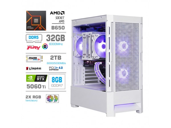 Računalnik MEGA MT S8 R5-9600X/RTX5060Ti/32GB-DDR5/2TB-4.0/750W/Brez OS/bela RGB